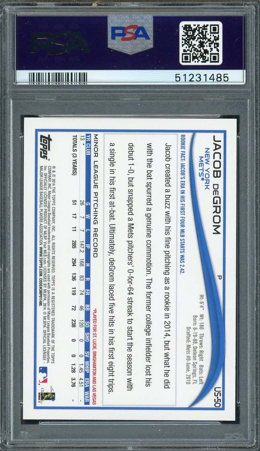 Jacob Degrom 2014 Topps Update Baseball Rookie Card #US50 PSA 9-Powers Sports Memorabilia