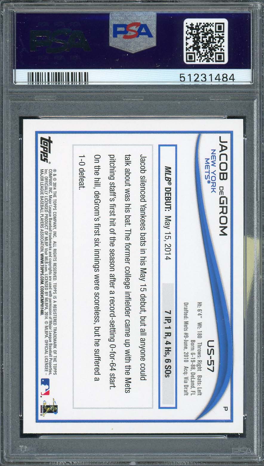 Jacob Degrom 2014 Topps Update Baseball Rookie Card #US57 PSA 10-Powers Sports Memorabilia