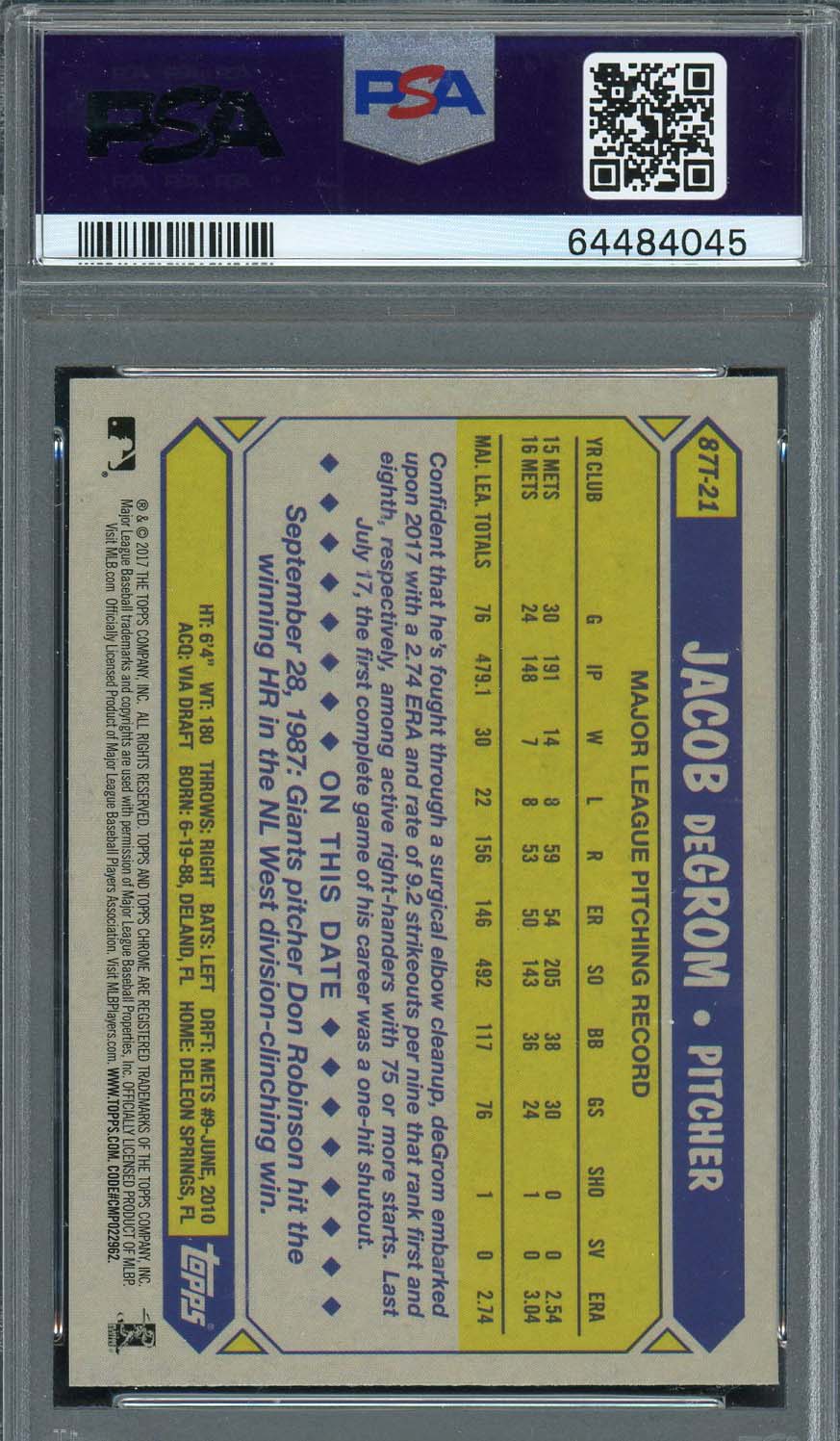Jacob deGrom 2017 Topps Chrome 1987 Baseball Card #87T21 Graded PSA 10-Powers Sports Memorabilia