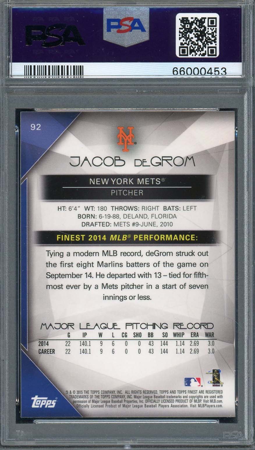 Jacob deGrom 2015 Topps Finest Baseball Card #92 Graded PSA 10-Powers Sports Memorabilia
