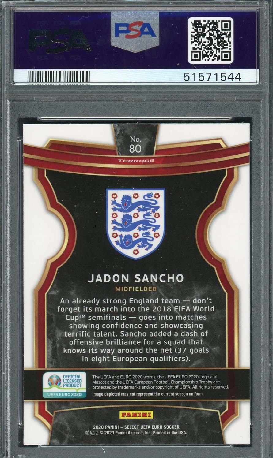 Jadon Sancho 2020 Select UEFA Euro Soccer Card #80 PSA 9-Powers Sports Memorabilia