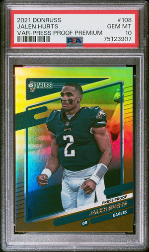 Jalen Hurts 2021 Donruss Panini Press Proof Football Card #108 Graded PSA 10-Powers Sports Memorabilia