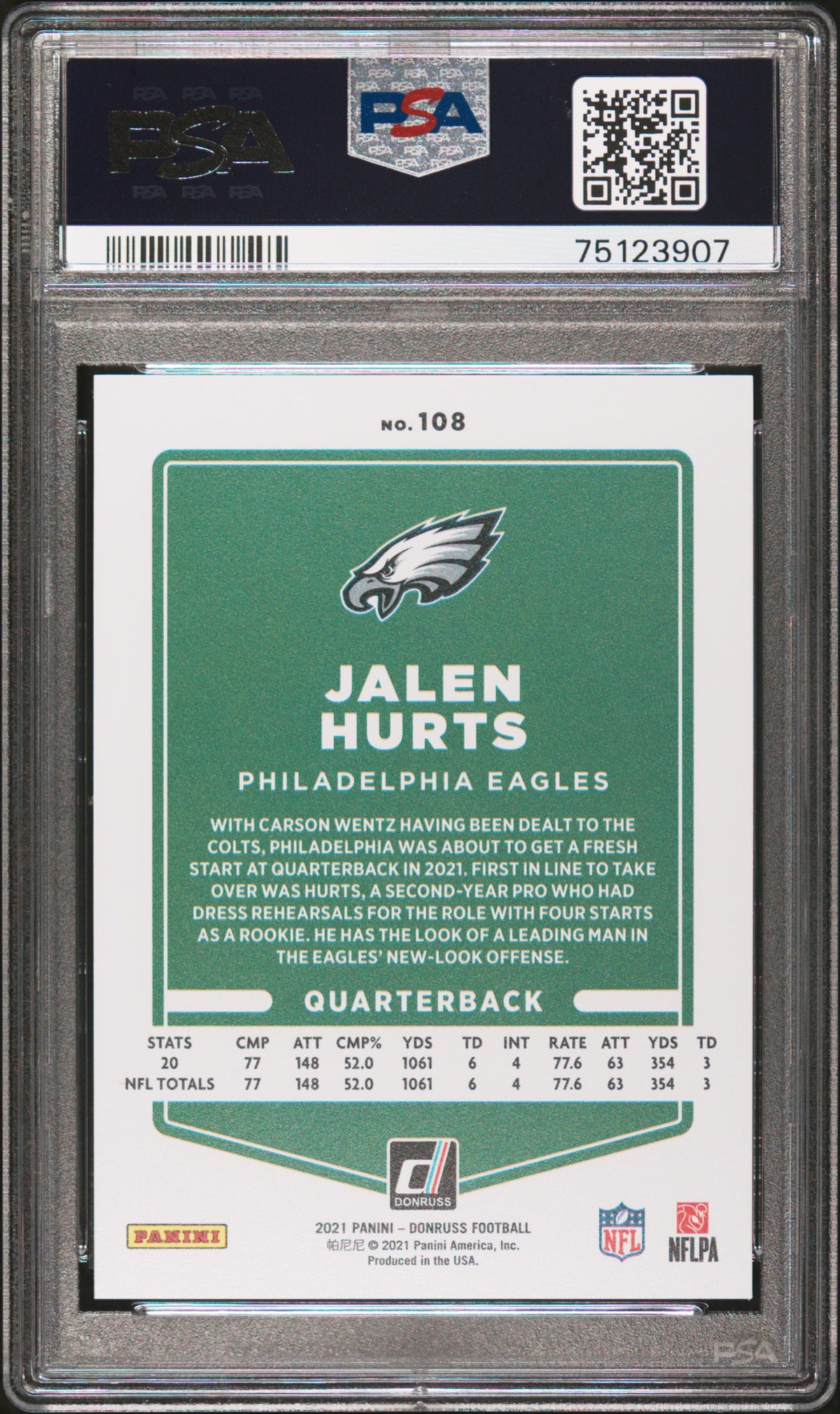 Jalen Hurts 2021 Donruss Panini Press Proof Football Card #108 Graded PSA 10