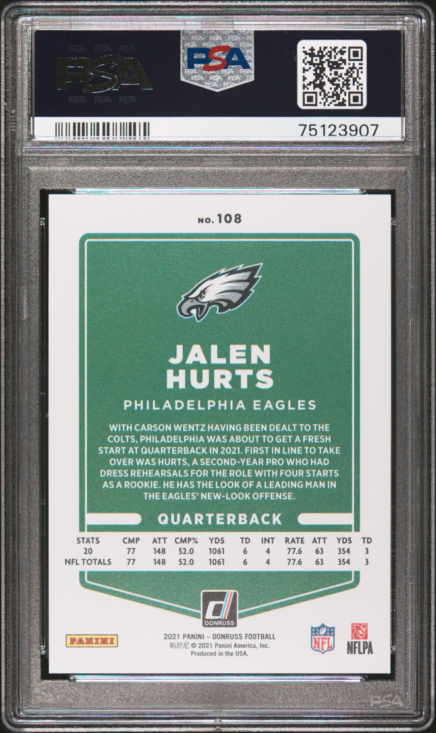 Jalen Hurts 2021 Donruss Panini Press Proof Football Card #108 Graded PSA 10