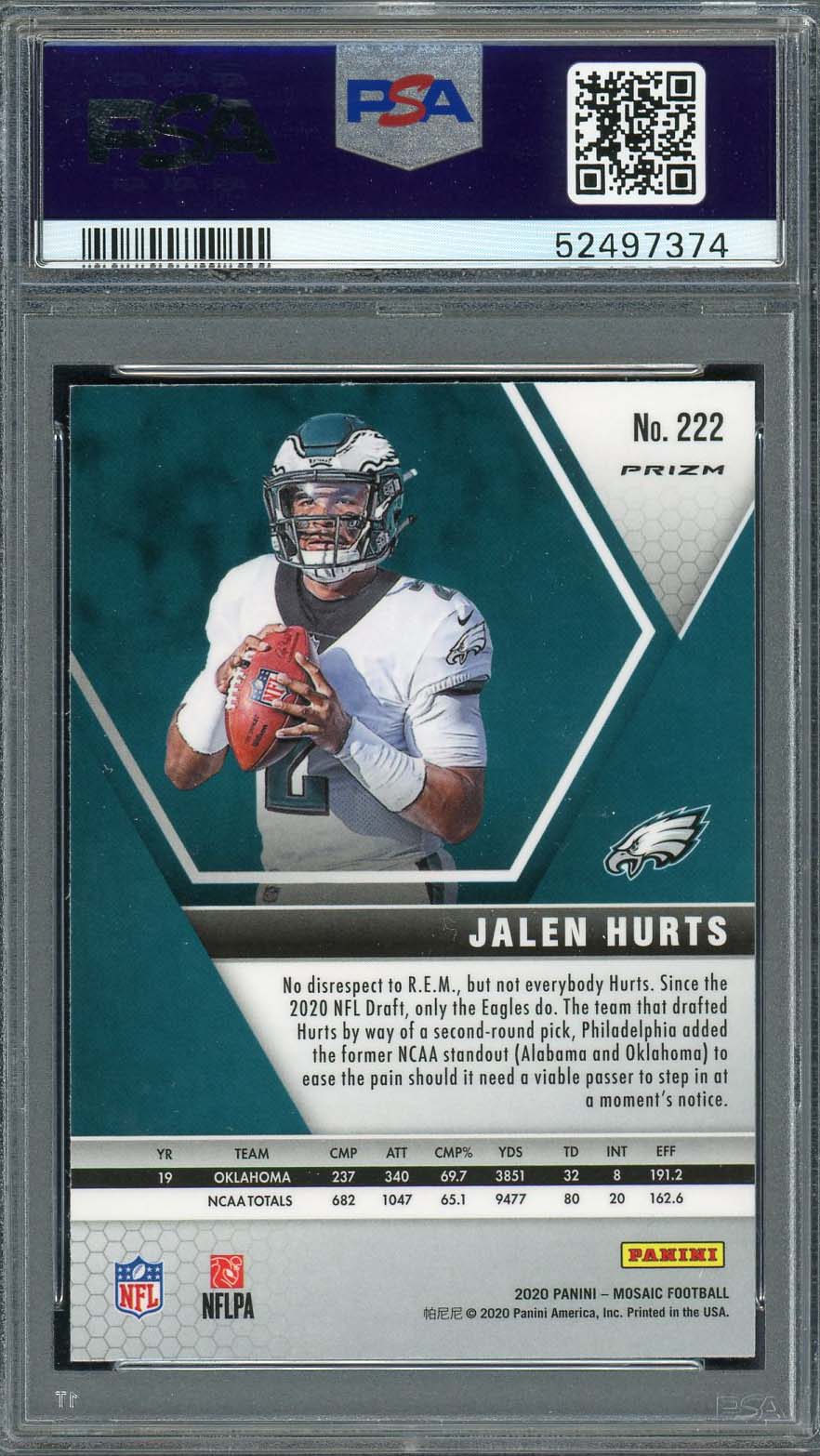 Jalen Hurts 2020 Panini Mosaic Reactive Green Rookie Card #222 Graded PSA 10-Powers Sports Memorabilia