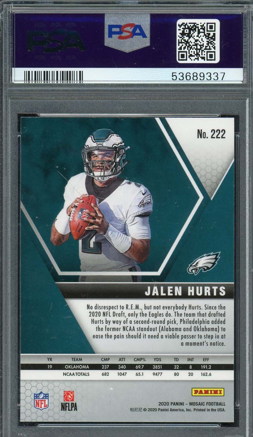 Jalen Hurts 2020 Panini Mosaic Football Rookie Card #222 Graded PSA 10-Powers Sports Memorabilia