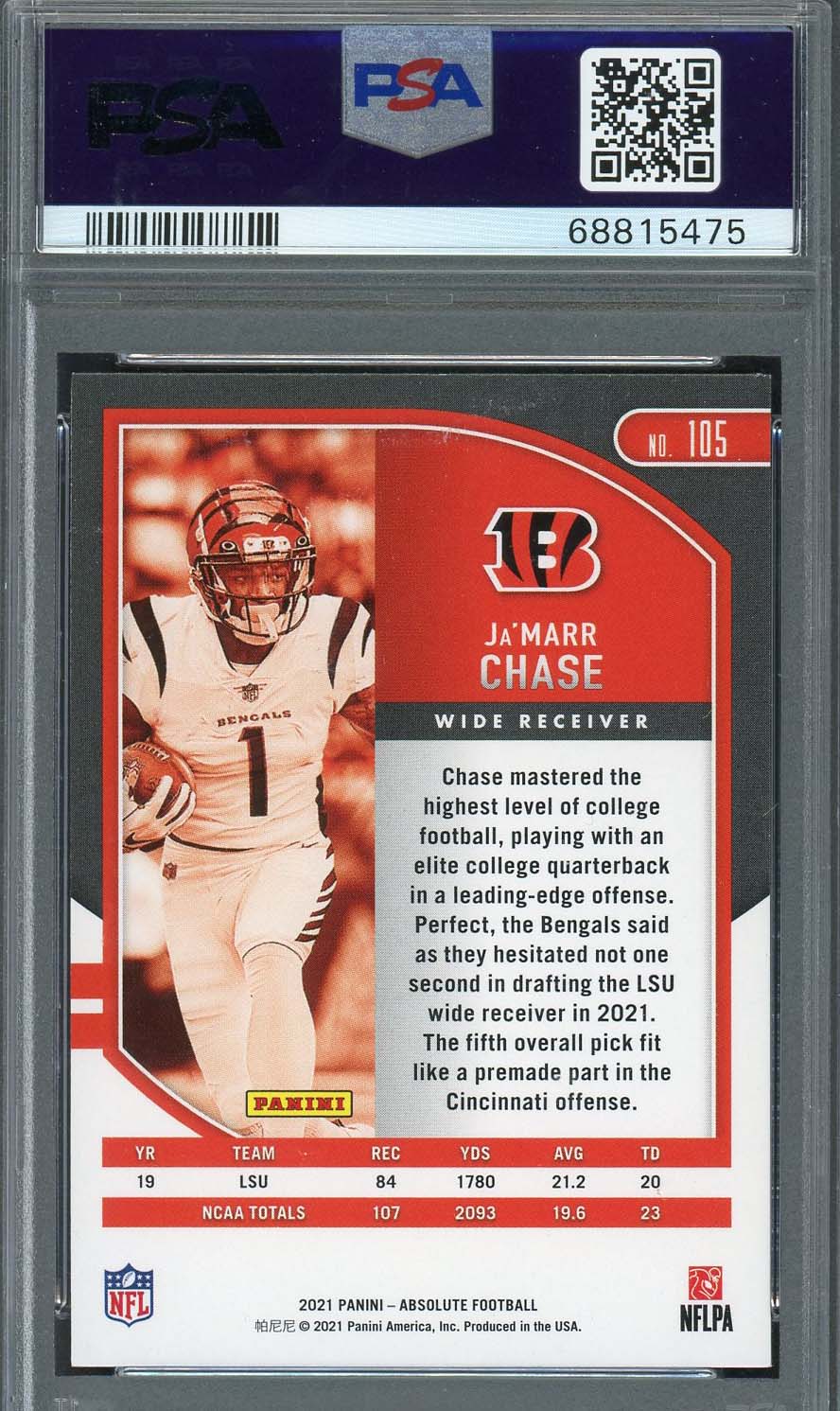 Ja’Marr Chase 2021 Panini Absolute Football Rookie Card RC #105 Graded PSA 10-Powers Sports Memorabilia