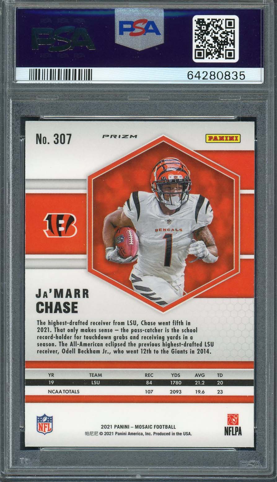 Ja&#39;Marr Chase 2021 Panini Mosaic Silver Prizm Rookie Card RC #307 Graded PSA 10-Powers Sports Memorabilia