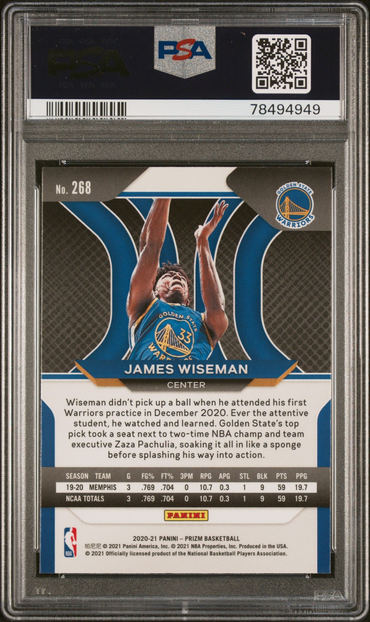 James Wiseman 2020 Panini Prizm Signed Rookie Card #268 Auto PSA 78494949