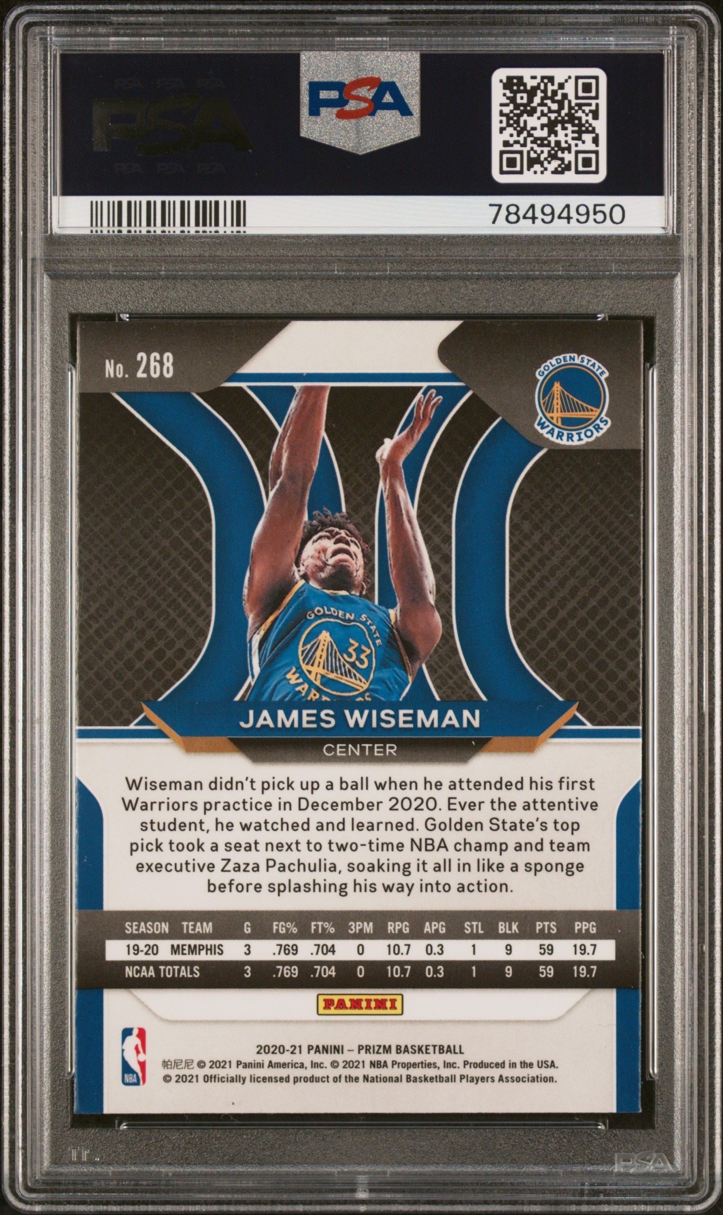 James Wiseman 2020 Panini Prizm Signed Rookie Card #268 Auto PSA 78494950