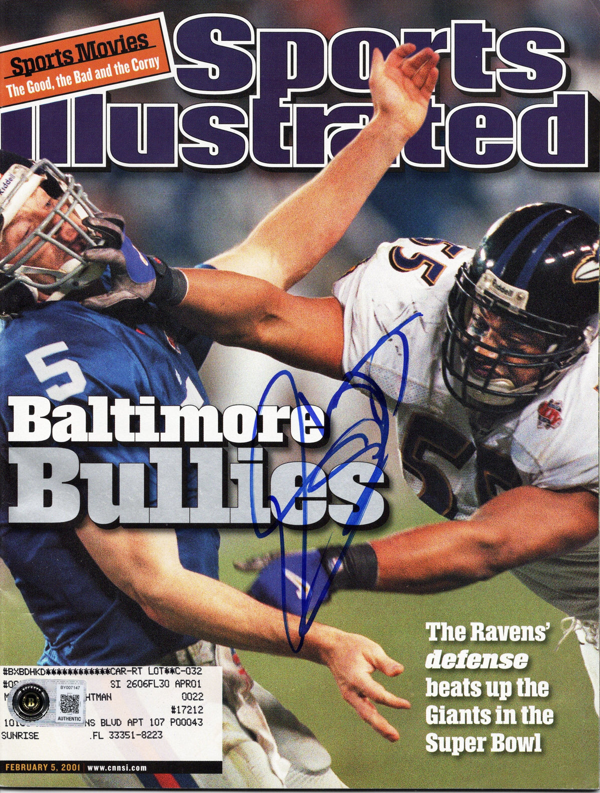 Jamie Sharper Signed Baltimore Ravens Sports Illustrated 2/5/01 Beckett-Powers Sports Memorabilia