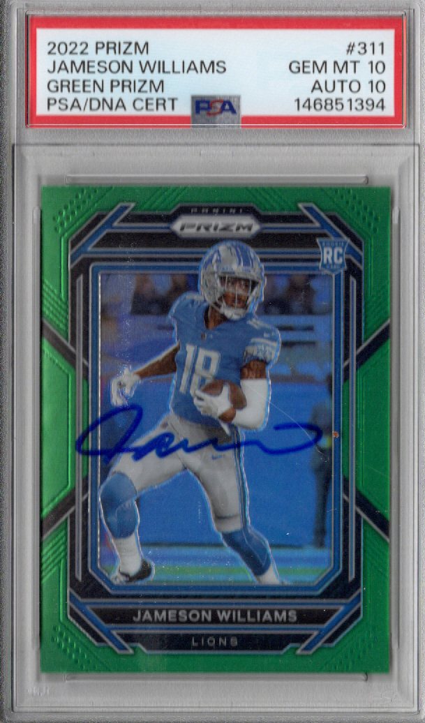 Jameson Williams Signed Detroit Lions 2022 Panini Prizm #311 GREEN Rookie Card PSA GEM MT 10 AUTO 10-Powers Sports Memorabilia
