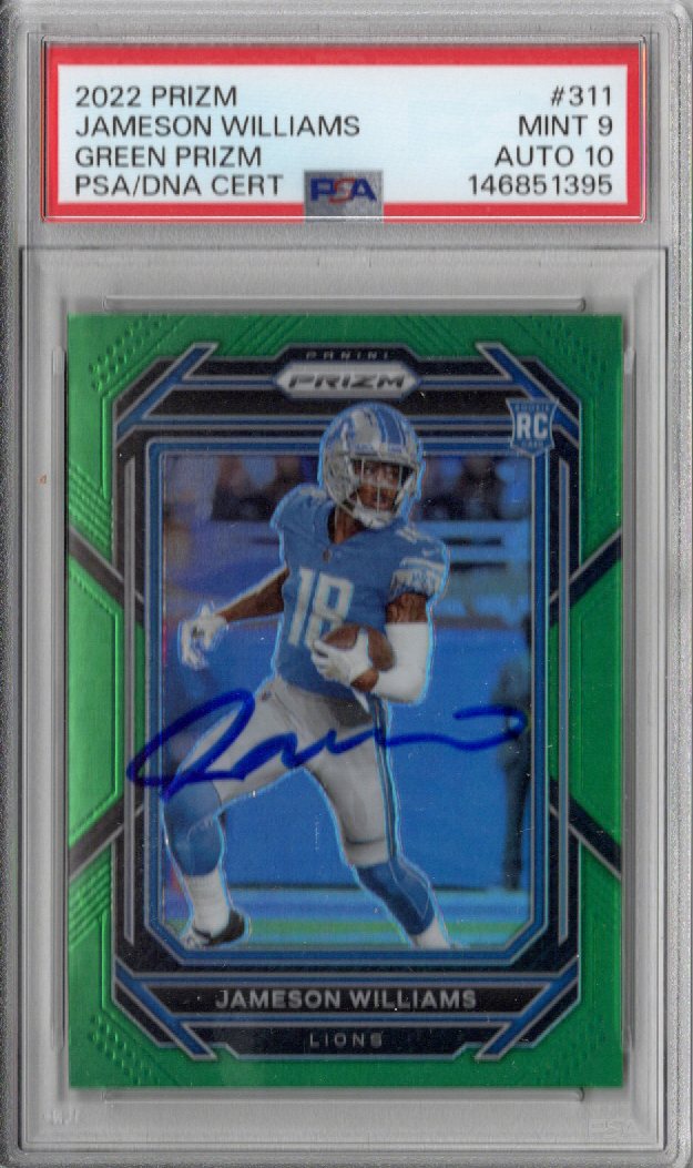 Jameson Williams Signed Detroit Lions 2022 Panini GREEN Prizm #311 Rookie Card PSA MINT 9 AUTO 10-Powers Sports Memorabilia