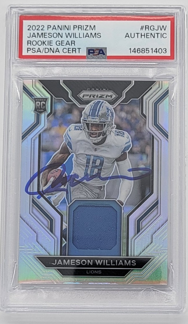 Jameson Williams Signed Detroit Lions 2022 Panini Prizm Rookie Gear Rookie Card PSA AUTHENTIC-Powers Sports Memorabilia