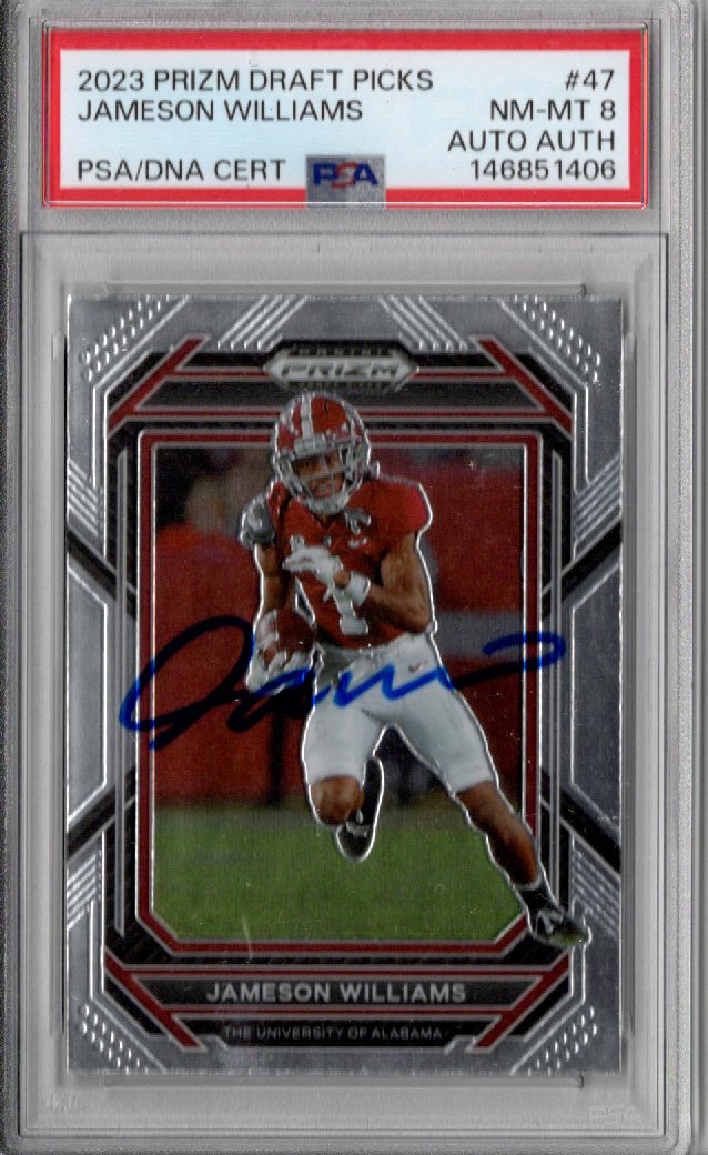 Jameson Williams Signed Alabama 2023 Panini Prizm Draft Picks #47 Rookie Card PSA NM MT 8 AUTO AUTH-Powers Sports Memorabilia