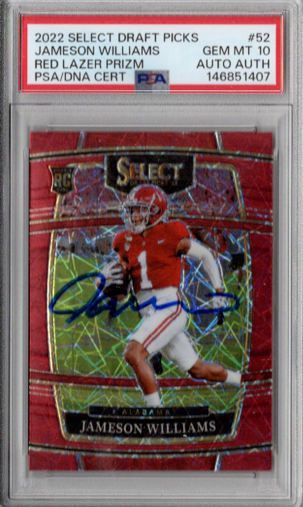 Jameson Williams Signed Alabama 2022 Panini RED LAZER Prizm #52 Rookie Card PSA GEM MT 10 AUTO AUTH-Powers Sports Memorabilia