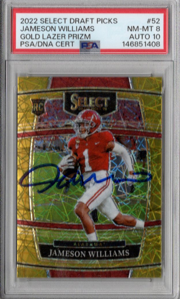 Jameson Williams Signed Detroit Lions 2022 Panini GOLD LAZER Prizm #52 Rookie Card PSA NM MT 8 AUTO 10-Powers Sports Memorabilia