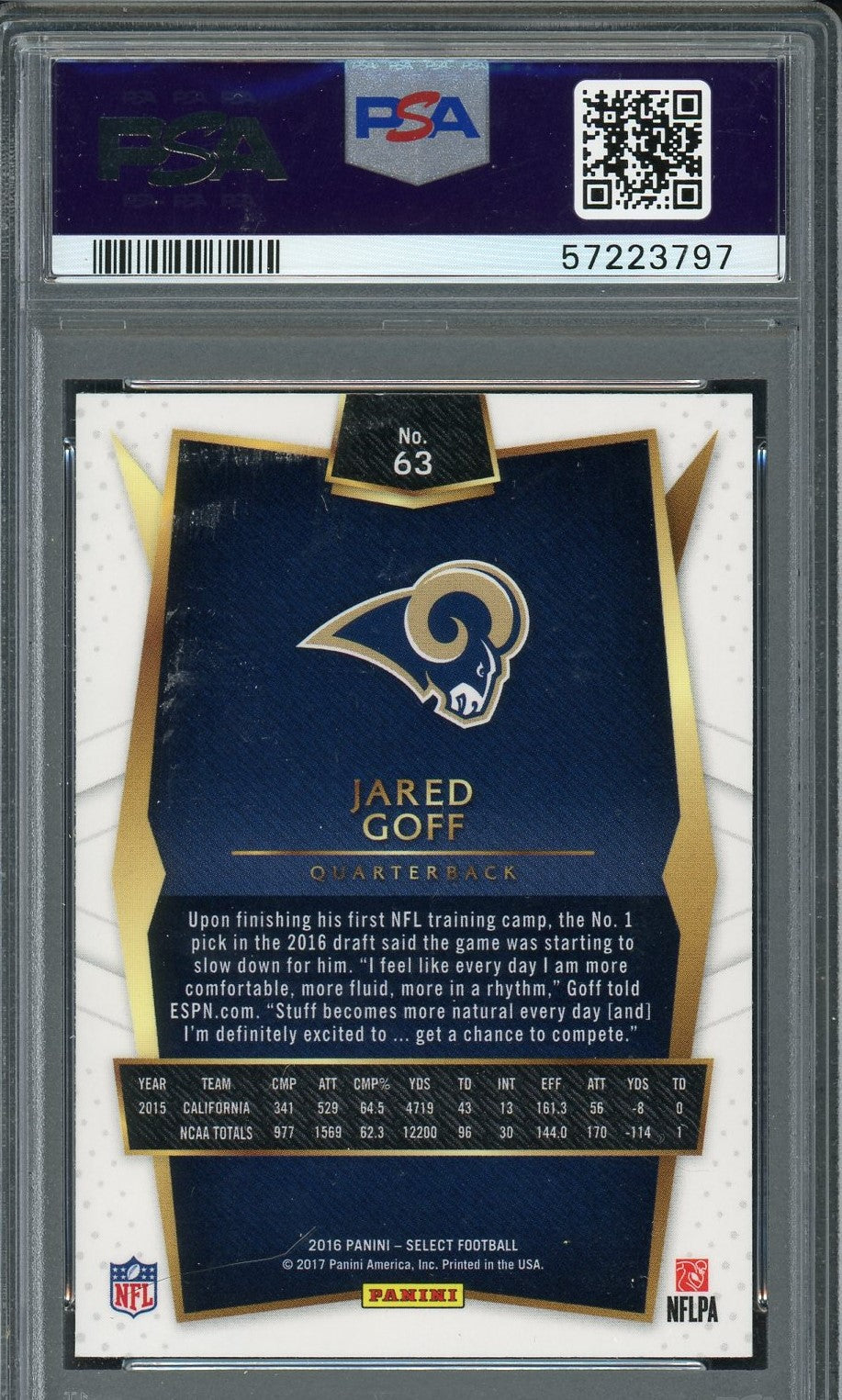 Jared Goff 2016 Panini Select Silver Prizm Football Rookie Card #63 Graded PSA 9