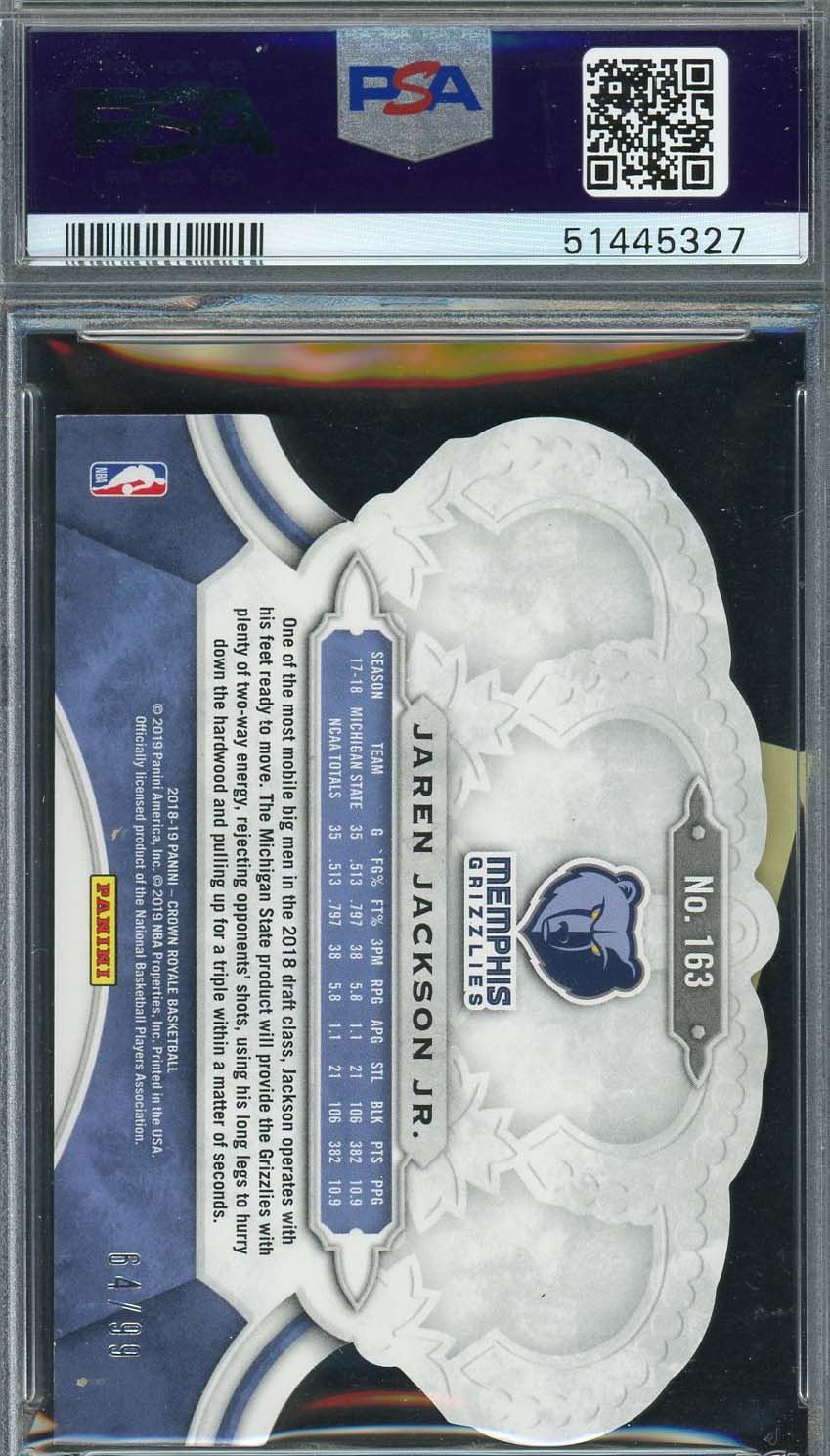 Jaren Jackson Jr 2018 Panini Crown Royale Rookie Card #163 Graded PSA 9 /99-Powers Sports Memorabilia