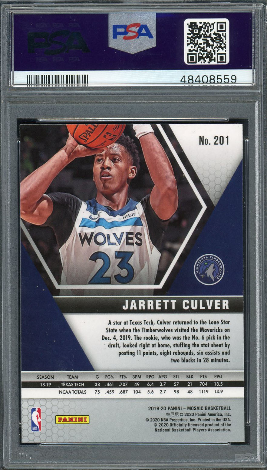 Jarrett Culver Minnesota Timerwolves 2019 Panini Mosaic Basketball Rookie Card RC #201 Graded PSA 9 MINT-Powers Sports Memorabilia
