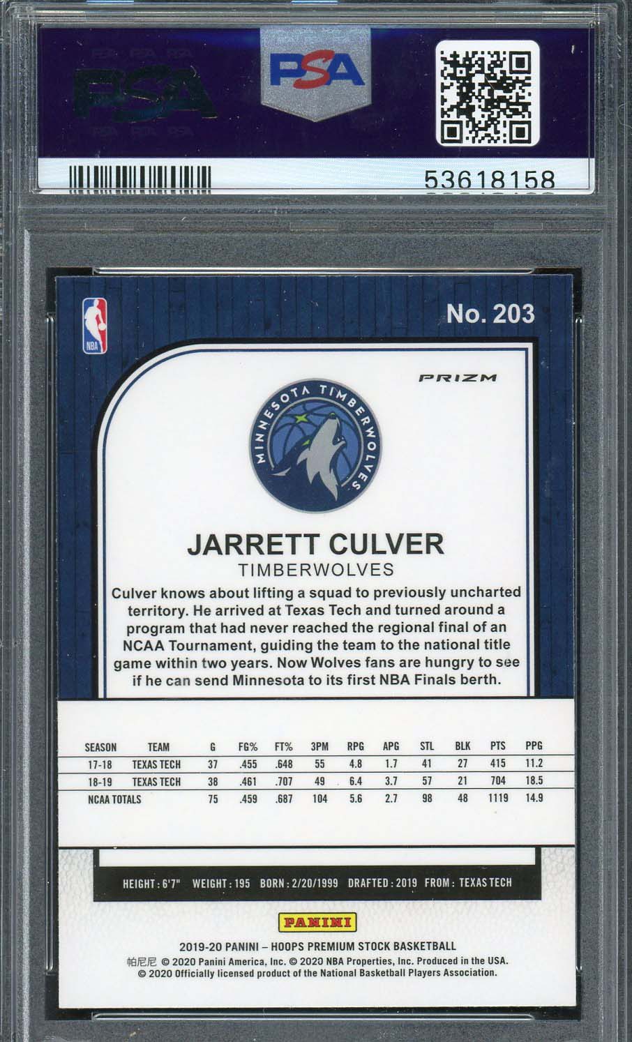 Jarrett Culver 2019 Panini Hoops Premium Stock Pulsar Rookie Card #203 PSA 10