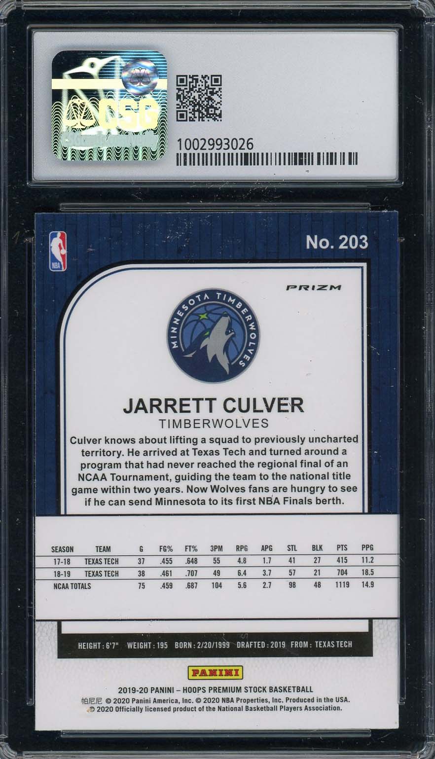 Jarrett Culver 2019-20 Panini Hoops Premium Stock Green Rookie Card #203 CSG 9-Powers Sports Memorabilia