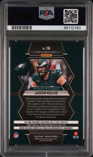 Jason Kelce 2023 Panini Mosaic Green Football Card #196 Graded PSA 9