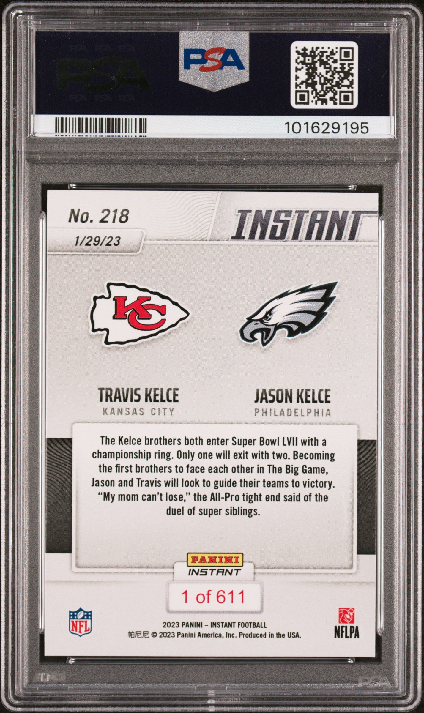 Jason Kelce 2022 Panini Instant Signed Football Card #218 Auto PSA 9 101629195-Powers Sports Memorabilia