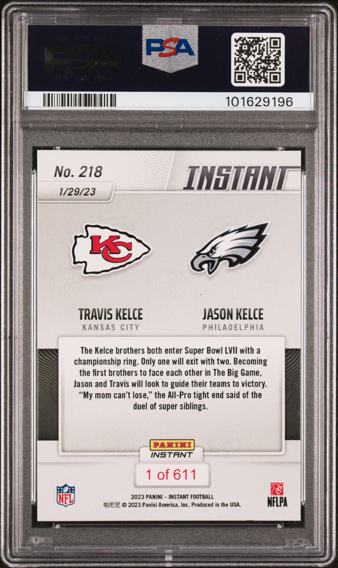 Jason Kelce 2022 Panini Instant Signed Football Card #218 Auto PSA 9 101629196