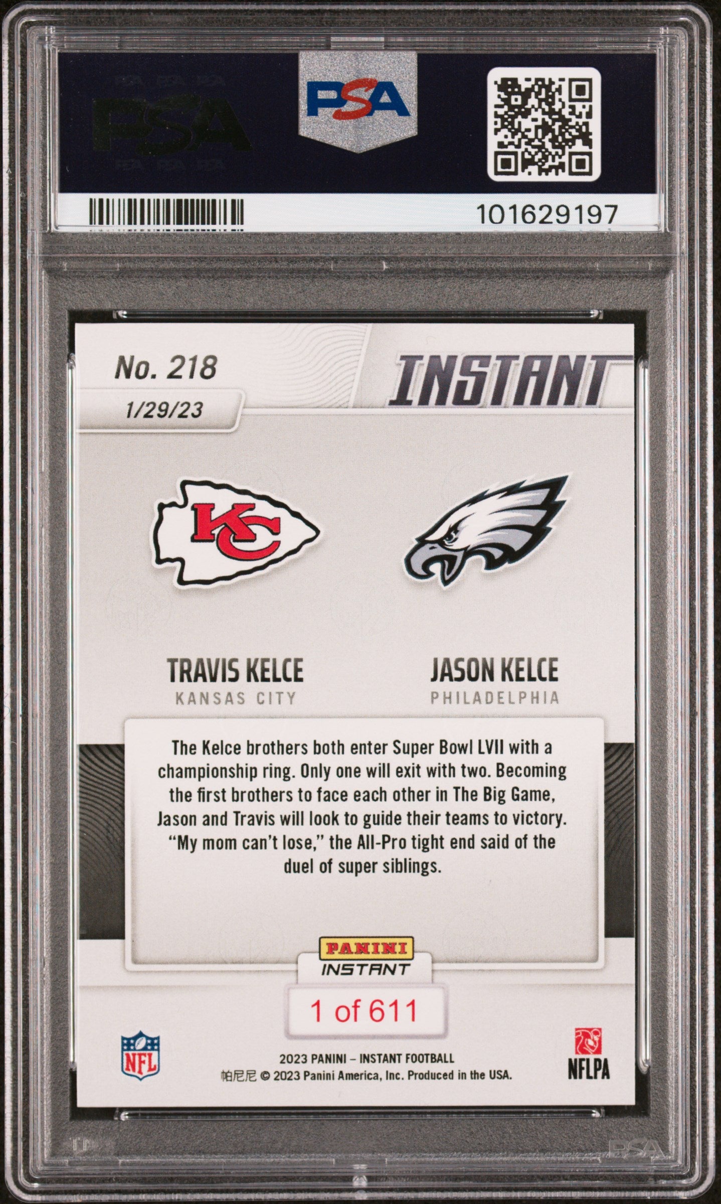 Jason Kelce 2022 Panini Instant Signed Football Card #218 Auto PSA 9 101629197-Powers Sports Memorabilia
