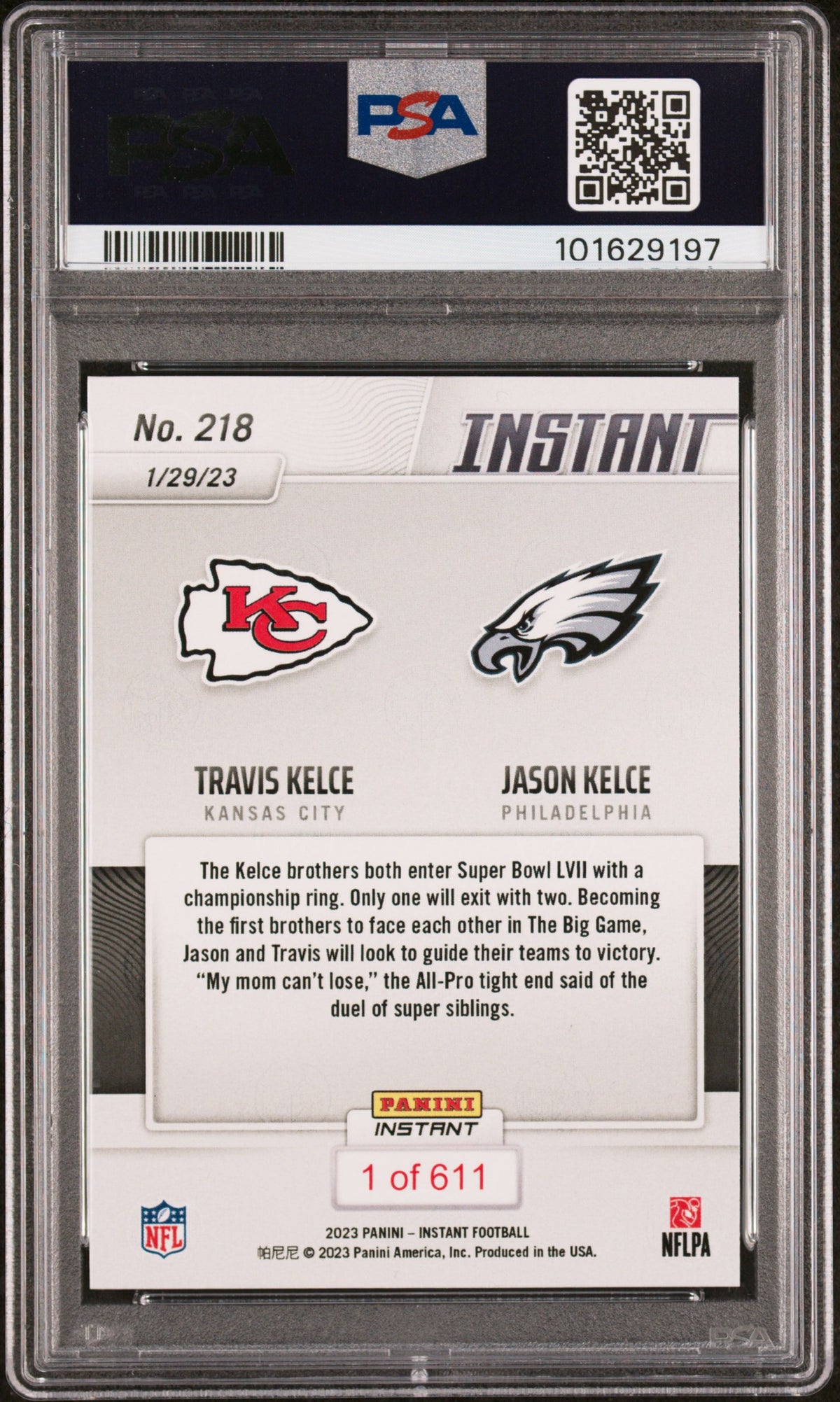 Jason Kelce 2022 Panini Instant Signed Football Card #218 Auto PSA 9 101629197