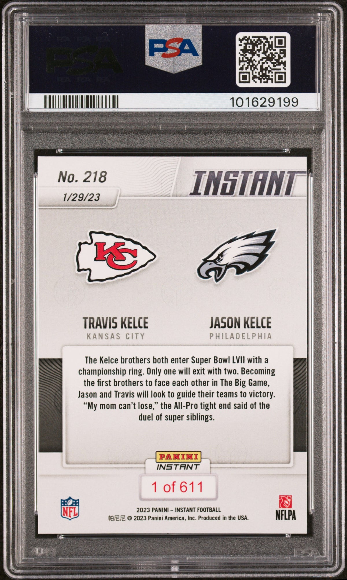 Jason Kelce 2022 Panini Instant Signed Football Card #218 Auto PSA 9 101629199