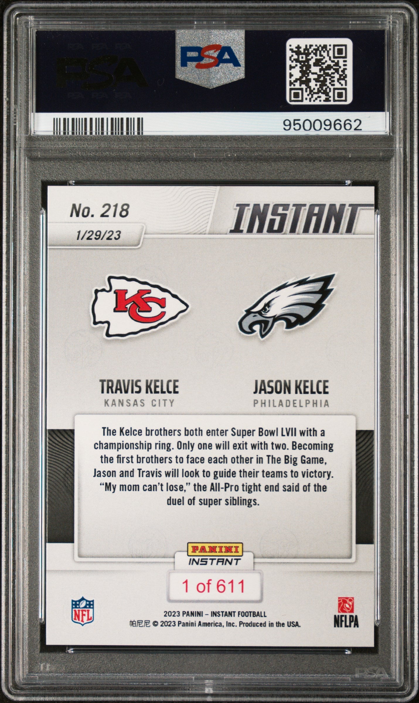 Jason Kelce 2022 Panini Instant Signed Football Card #218 Auto PSA 9 95009662-Powers Sports Memorabilia