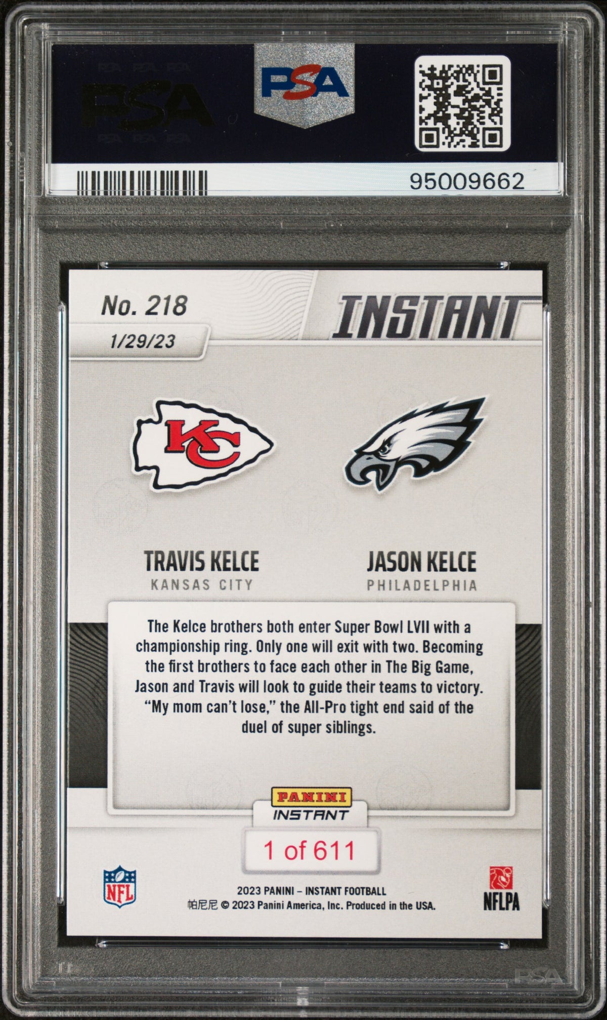 Jason Kelce 2022 Panini Instant Signed Football Card #218 Auto PSA 9 95009662