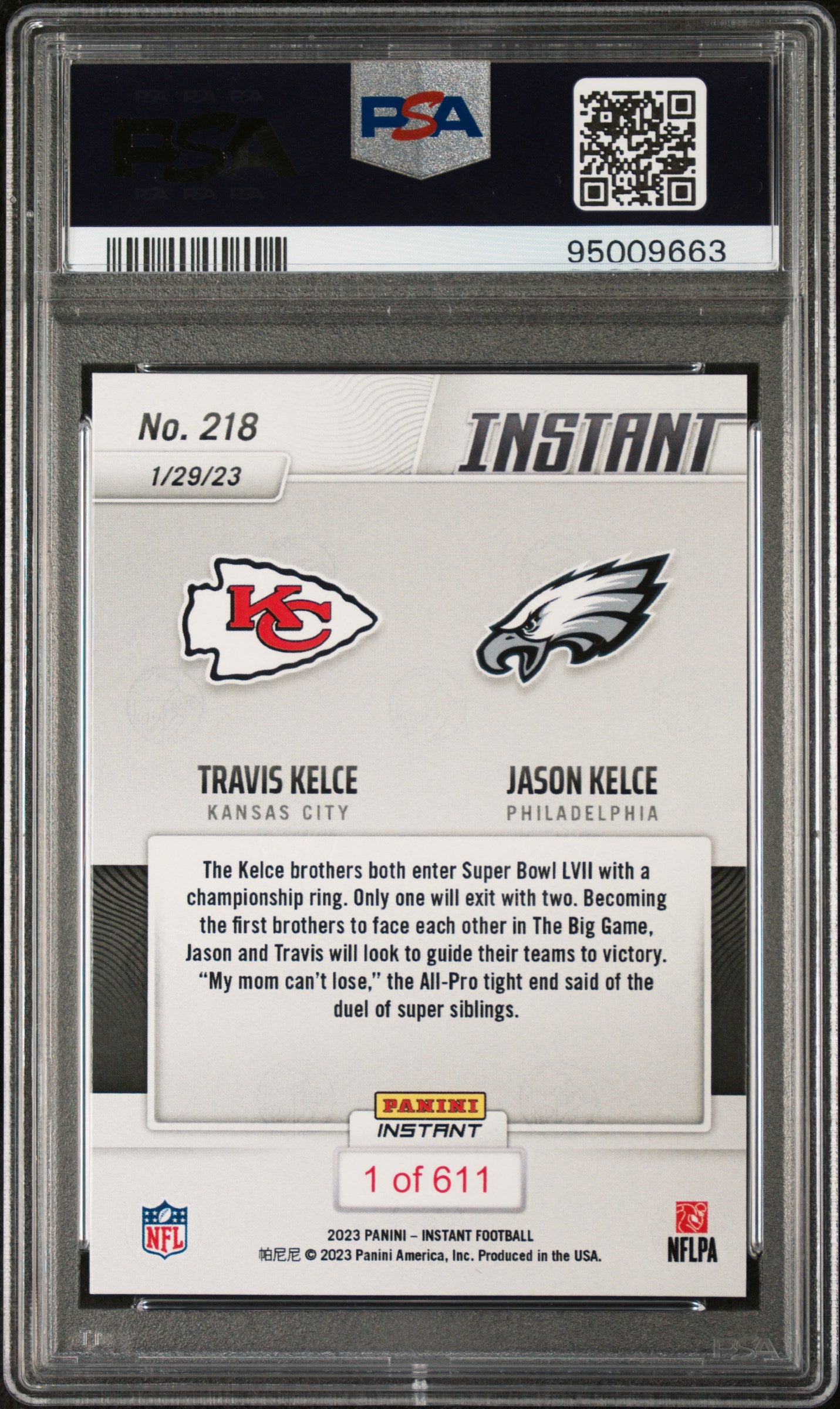 Jason Kelce 2022 Panini Instant Signed Football Card #218 Auto PSA 9 95009663