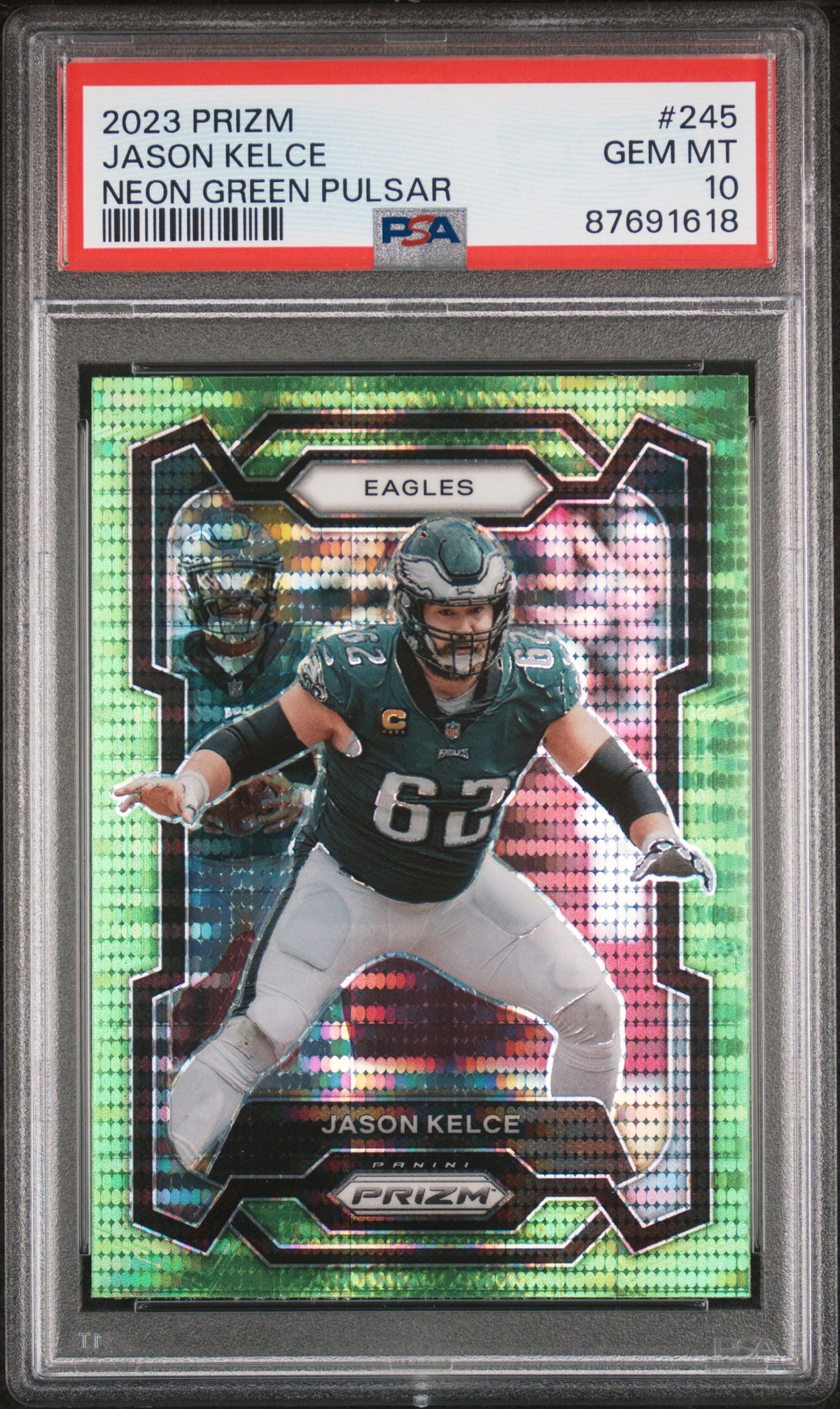 Jason Kelce 2023 Panini Prizm Neon Green Pulsar Football Card #245 Graded PSA 10