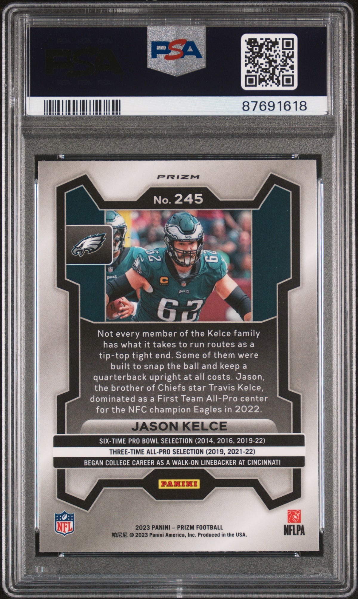 Jason Kelce 2023 Panini Prizm Neon Green Pulsar Football Card #245 Graded PSA 10