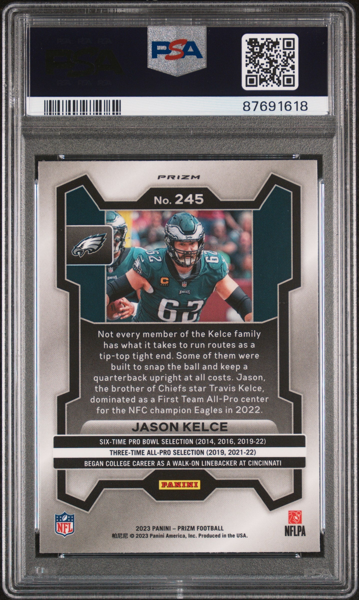Jason Kelce 2023 Panini Prizm Neon Green Pulsar Football Card #245 Graded PSA 10
