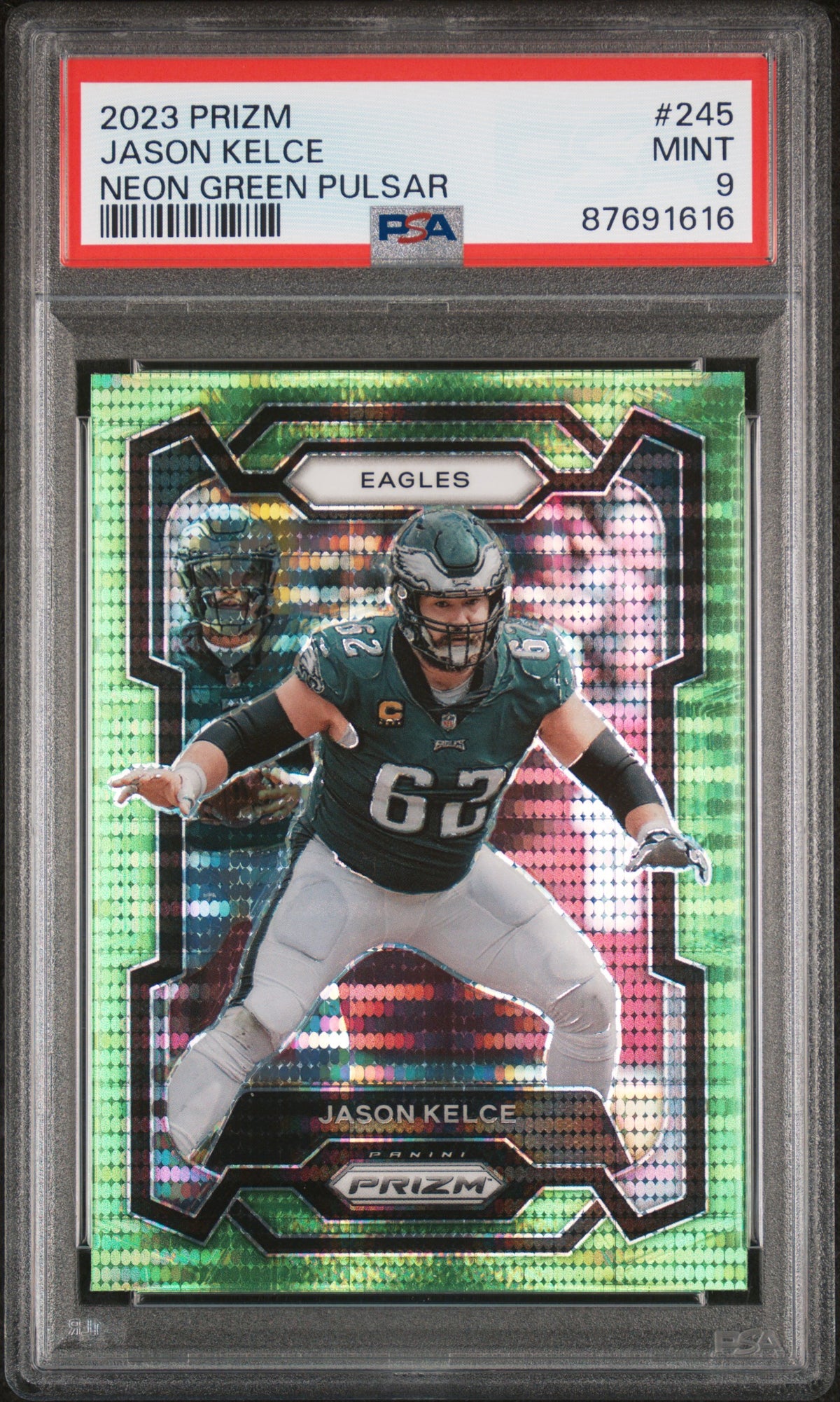 Jason Kelce 2023 Panini Prizm Neon Green Pulsar Football Card #245 Graded PSA 9