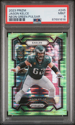 Jason Kelce 2023 Panini Prizm Neon Green Pulsar Football Card #245 Graded PSA 9