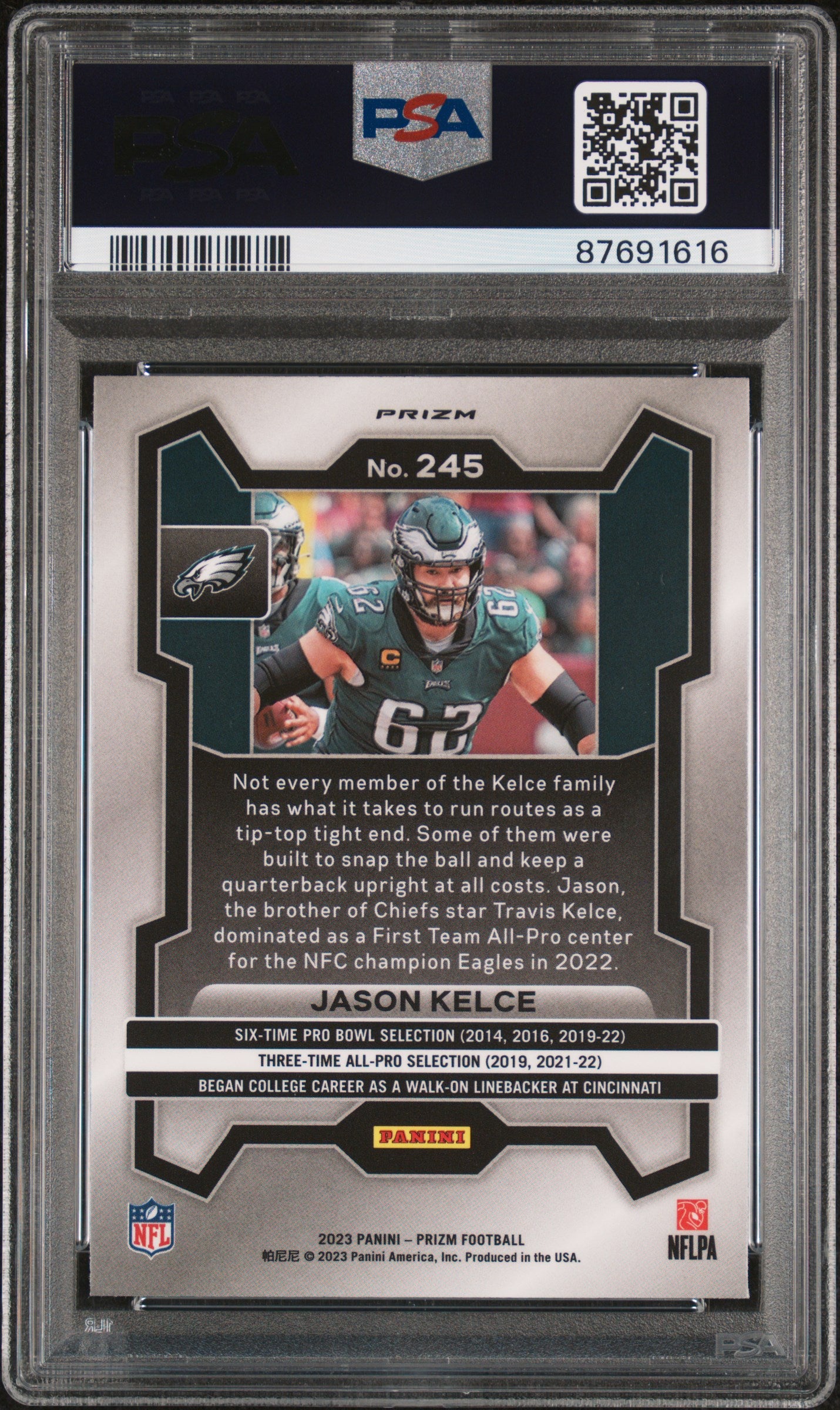 Jason Kelce 2023 Panini Prizm Neon Green Pulsar Football Card #245 Graded PSA 9-Powers Sports Memorabilia