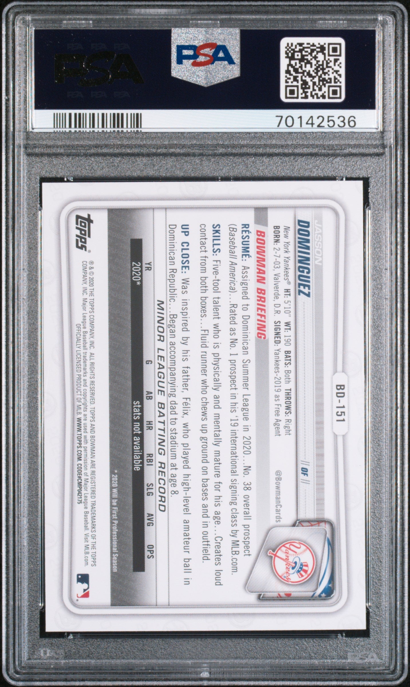 Jasson Dominguez 2020 Bowman Draft Baseball Rookie Card #BD151 Graded PSA 10