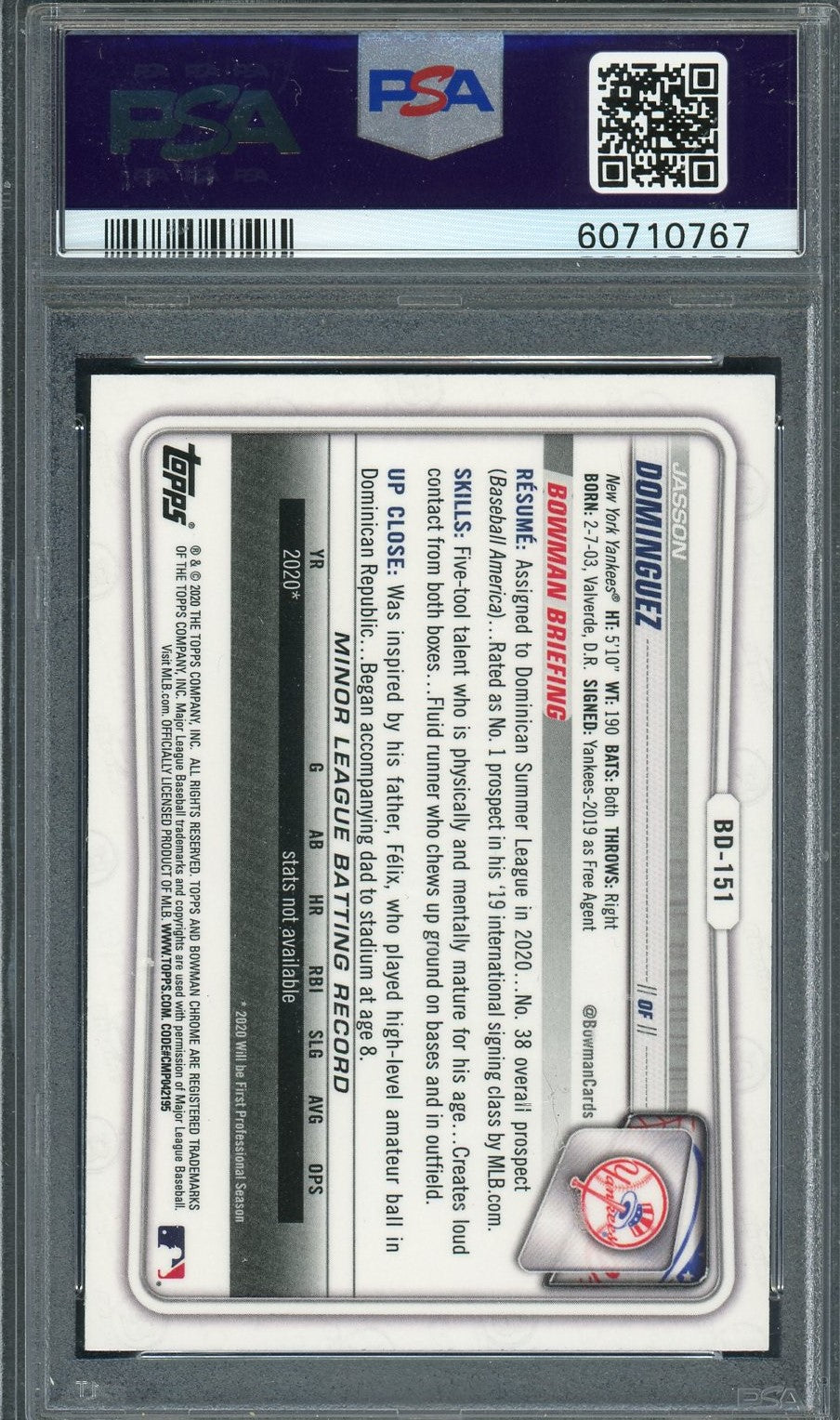 Jasson Dominguez 2020 Bowman Draft Chrome Rookie Card #BD151 Graded PSA 10