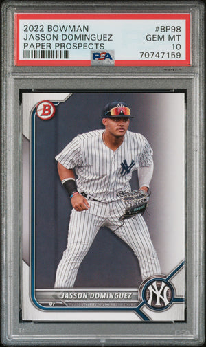 Jasson Dominguez 2022 Bowman Paper Prospects Rookie Card #BP98 Graded PSA 10-Powers Sports Memorabilia