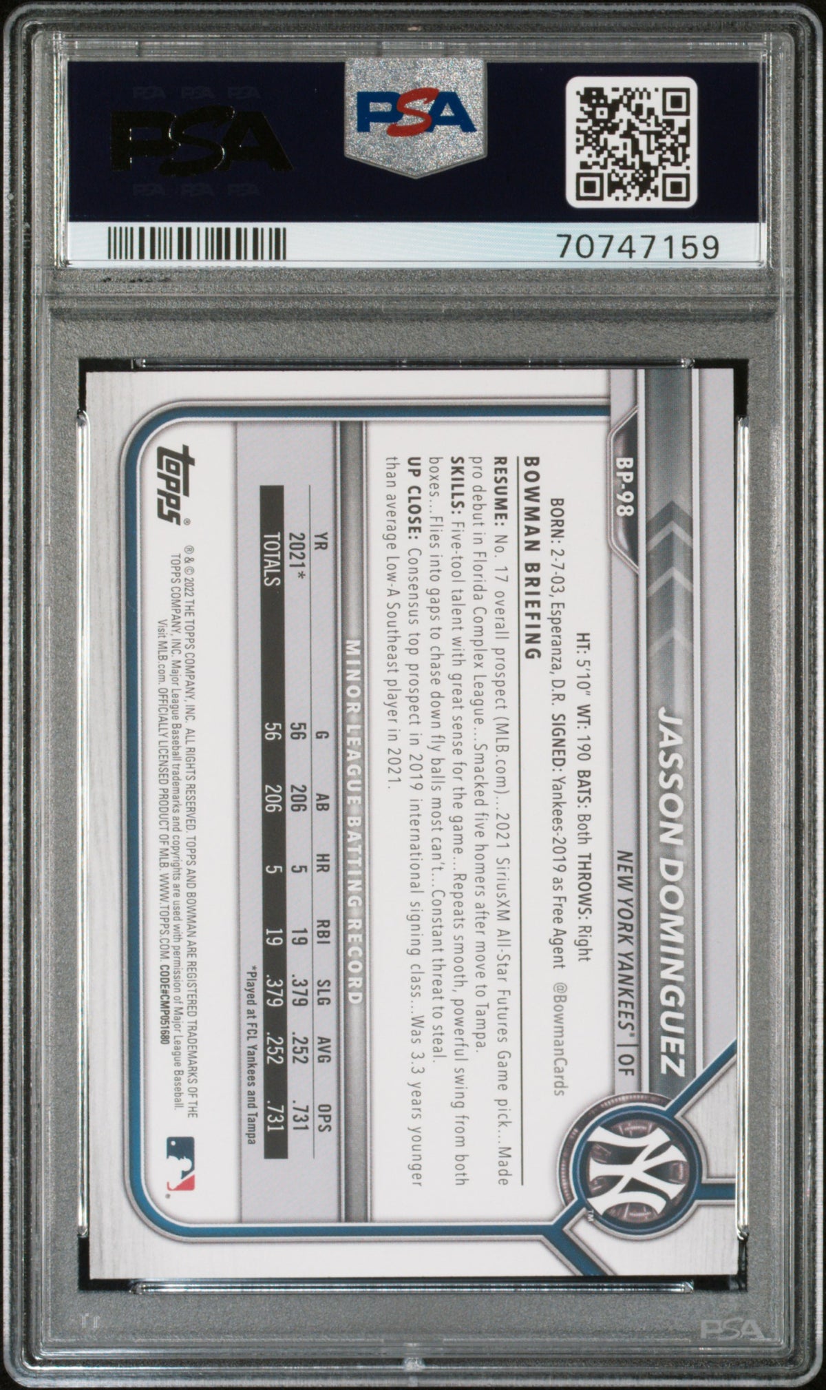 Jasson Dominguez 2022 Bowman Paper Prospects Rookie Card #BP98 Graded PSA 10