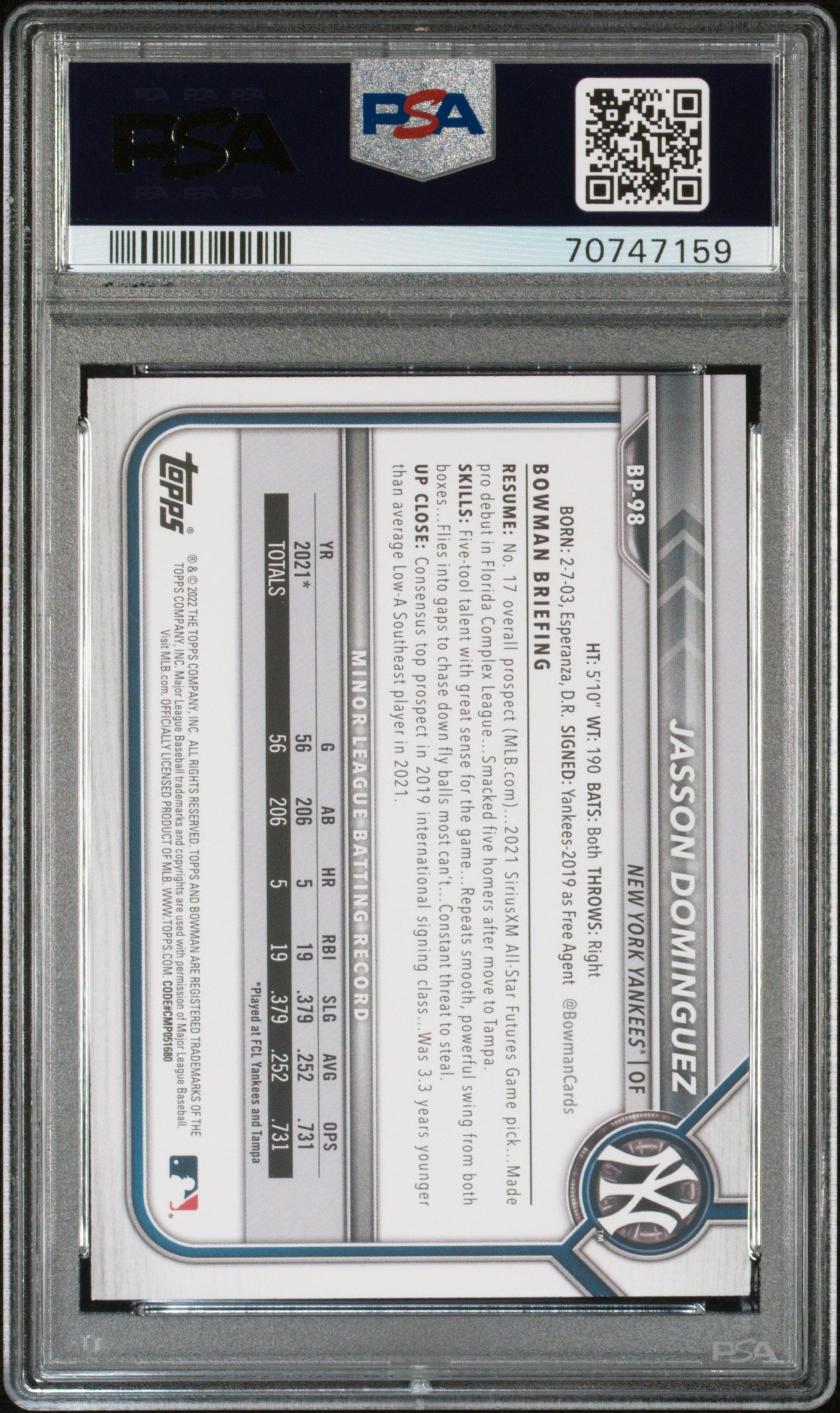 Jasson Dominguez 2022 Bowman Paper Prospects Rookie Card #BP98 Graded PSA 10