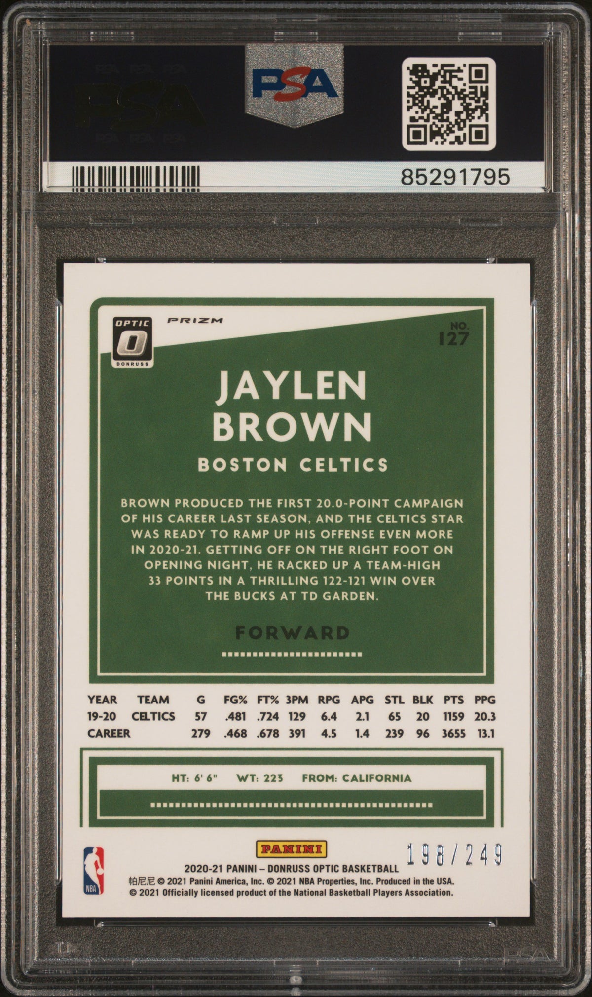 Jaylen Brown 2020 Panini Donruss Optic Premium Box Set Card #127 PSA 8 198/249-Powers Sports Memorabilia