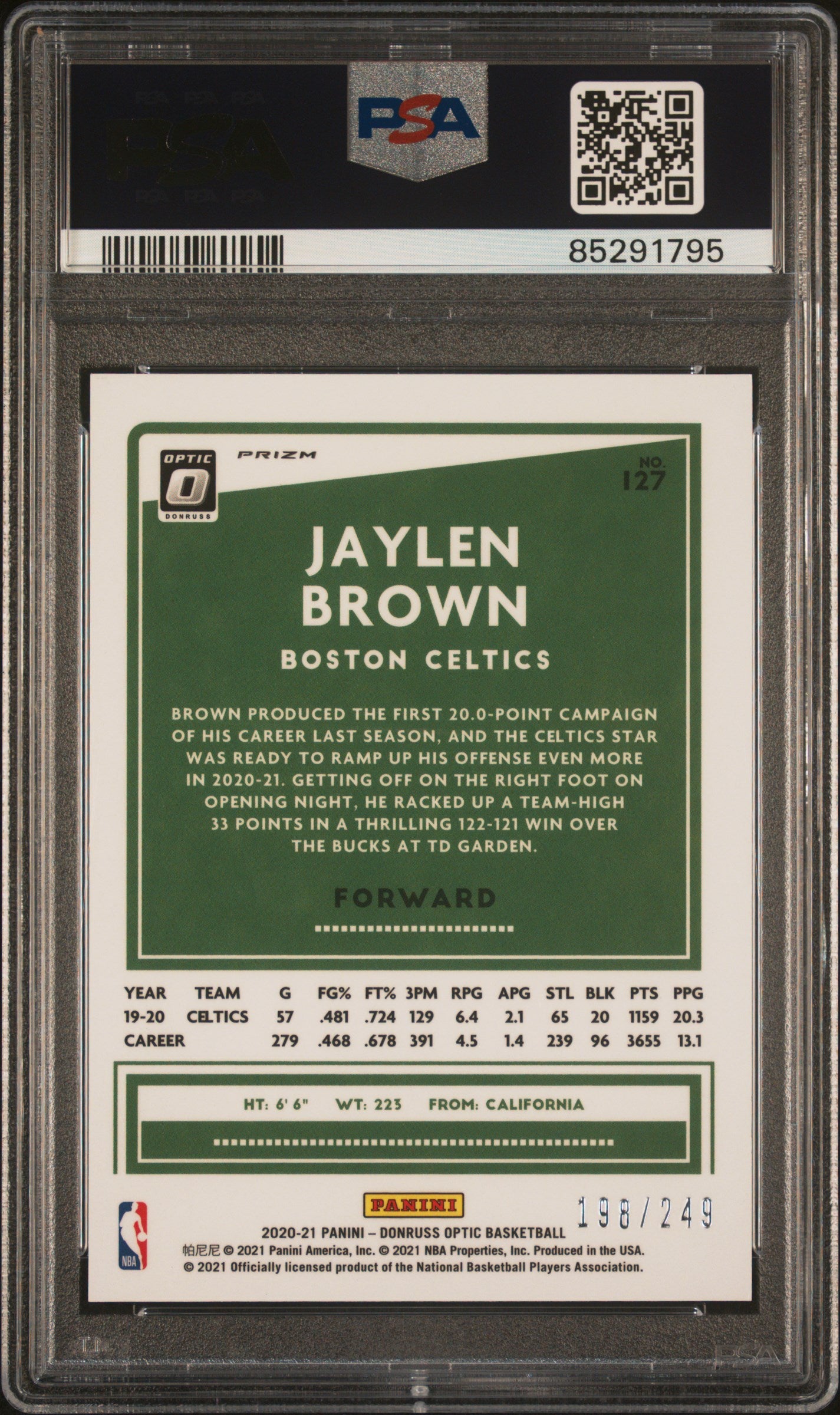 Jaylen Brown 2020 Panini Donruss Optic Premium Box Set Card #127 PSA 8 198/249-Powers Sports Memorabilia
