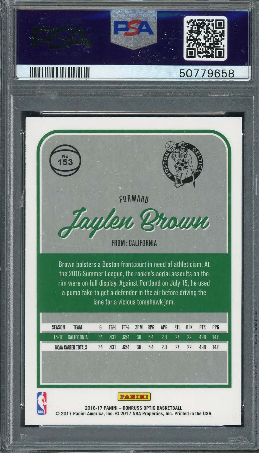 Jaylen Brown 2016 Panini Donruss Optic Basketball Rookie Card #153 Graded PSA 9-Powers Sports Memorabilia