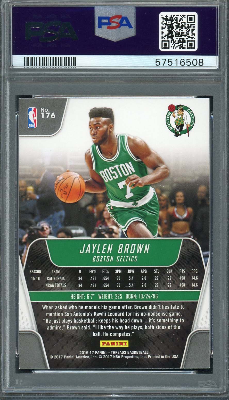 Jaylen Brown 2016 Panini Threads Basketball Rookie Card #176 Graded PSA 9-Powers Sports Memorabilia